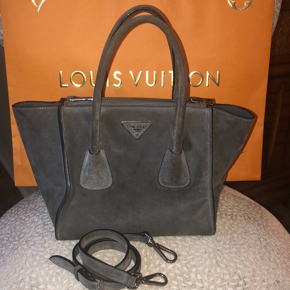 Gray suede Prada bag/ twin pocket